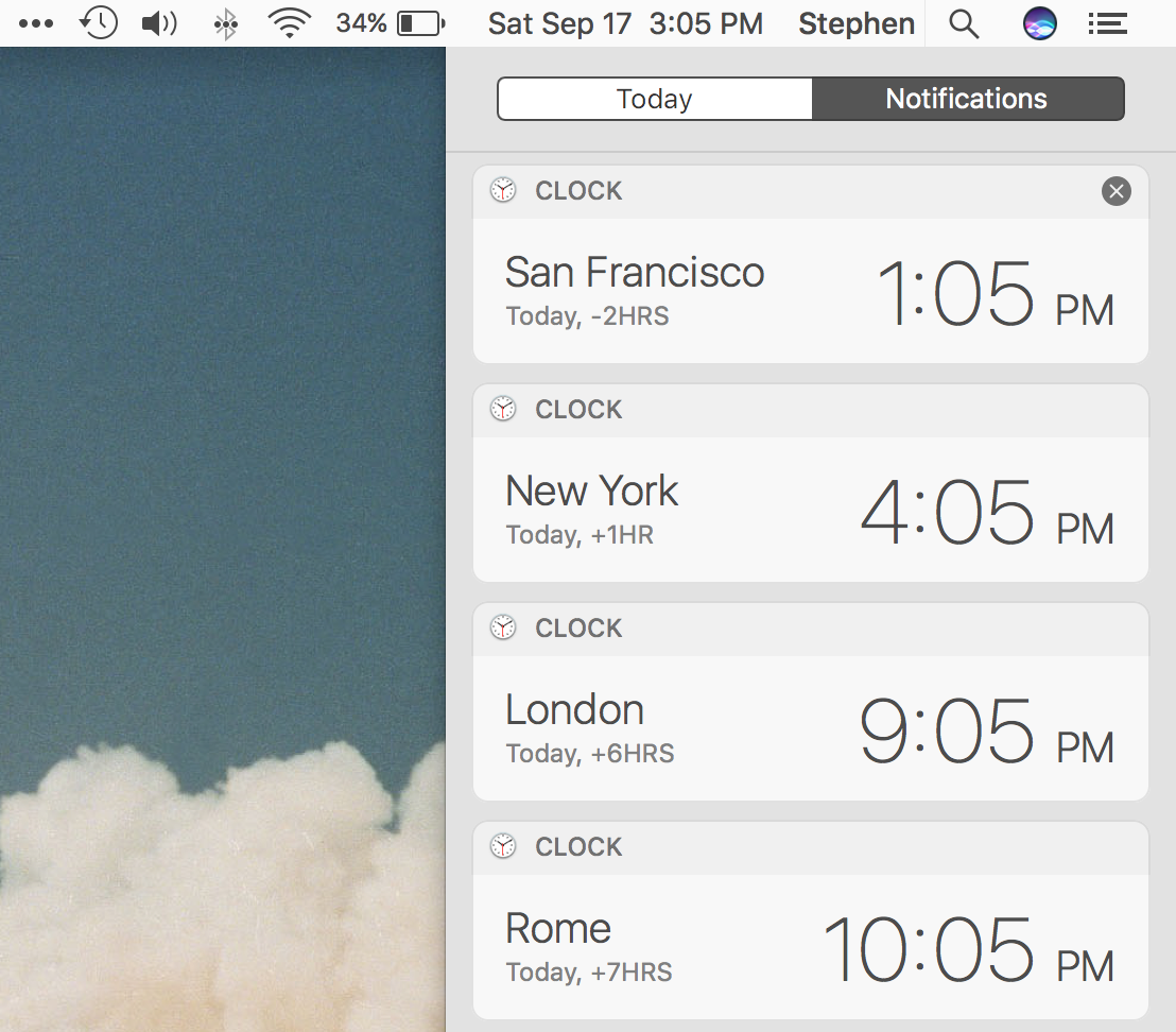Clocks from Siri in Notification Center